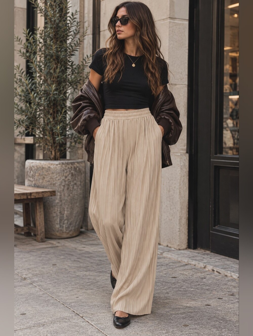 Uniqlo Plisse Wide Leg Pants Beige Minimalist Clean Girl Quiet Luxury Boho S/M - Picture 11 of 11